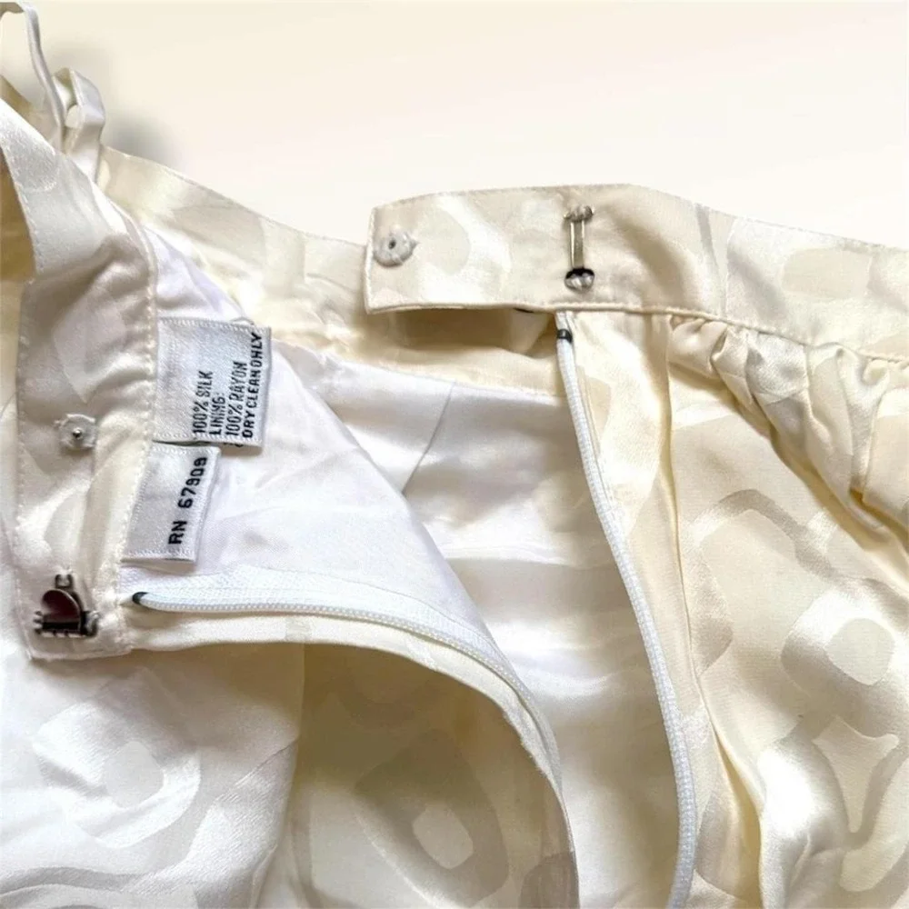 D'Ore Ivory 100% Silk Tiered Ruffle Layered Jacquard‎ Midi Skirt Size 12